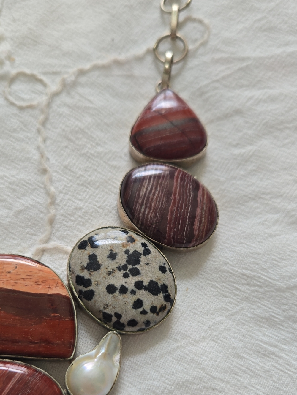 Red Jasper & Dalmatian Stone Statement Necklace with Pearl Accents - Picture 4 of 8